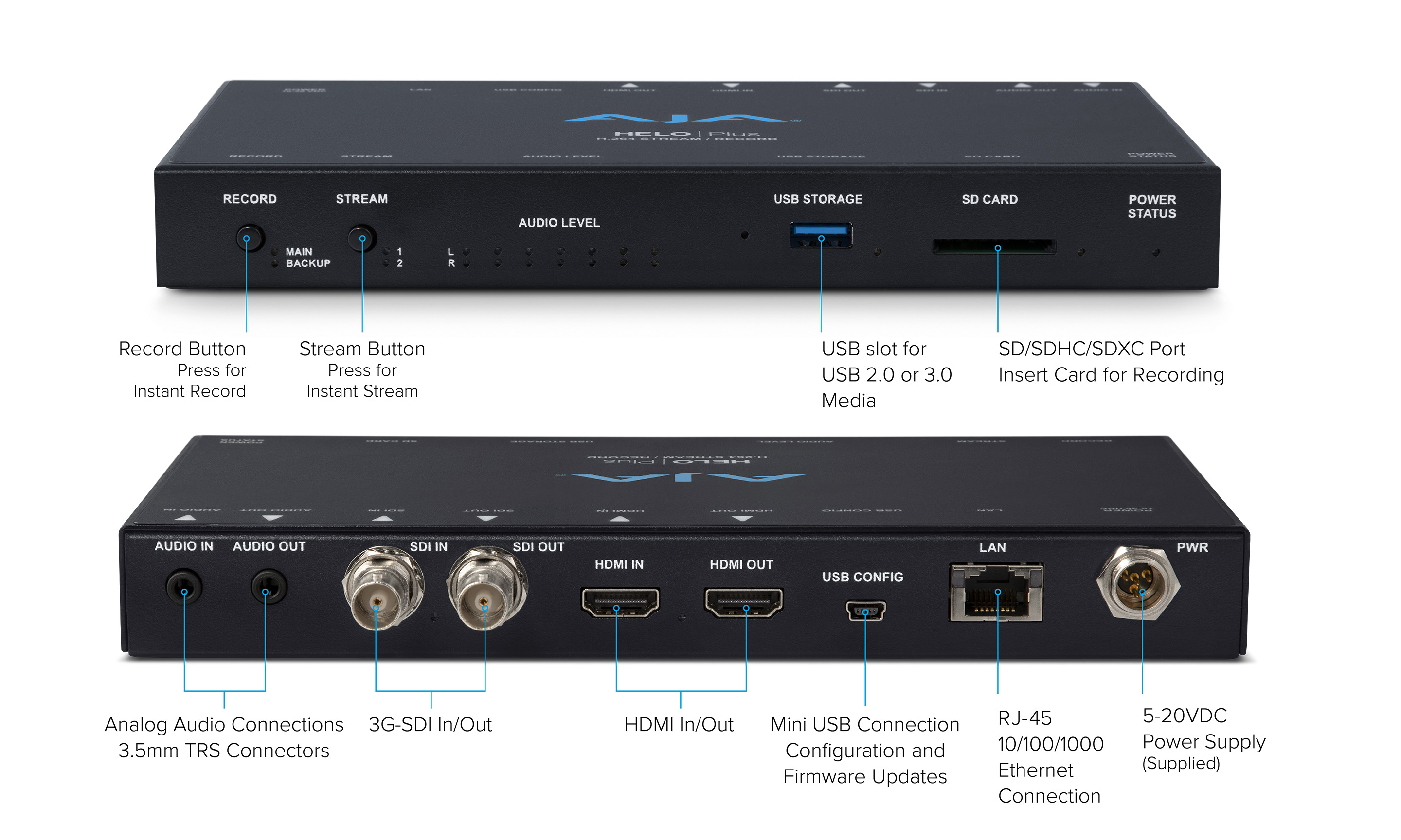 HELO Plus の接続端子とインジケーター