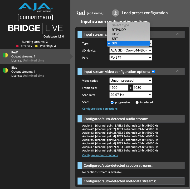 BRIDGE LIVE INPUT STREAM CONFIG SDI