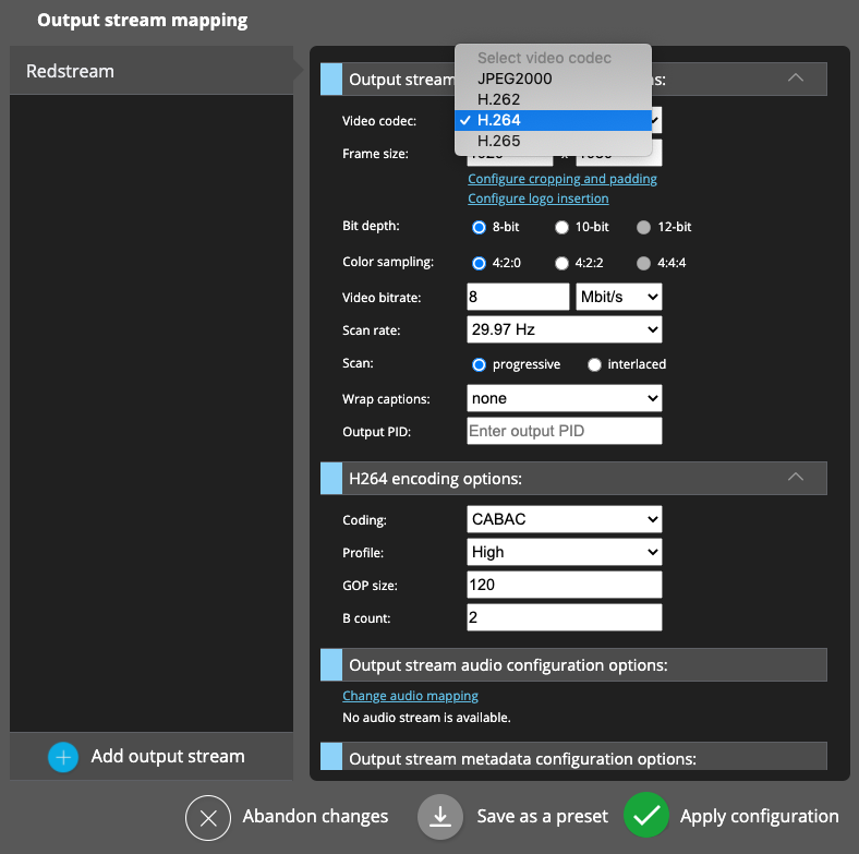 BRIDGE LIVE OUTPUT STREAM MAPPING H264