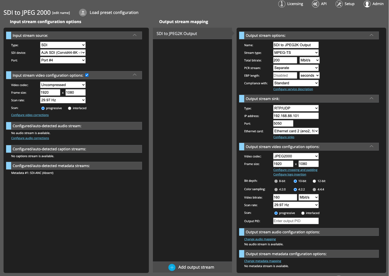 SDI to JPEG2K config Bridge Live detail